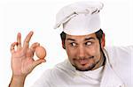 young funny chef with egg, isolated on white