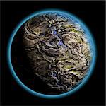3D render of like iron planet with atmosphere isolated on black background. Exellent material for your cosmos art.