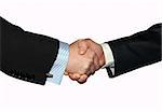 Men are shaking hands on a grey background.