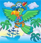 Flying pirate parrot with boat - color illustration.