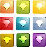 Down navigation icon glossy button, square shape, multiple colors