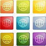Globe navigation icon glossy button, square shape, multiple colors