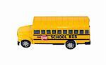 Side view of a toy school bus, isolated against a white background