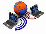 abstract 3d illustration of two laptops wireless connected and globe