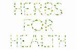 Herb leaf sprigs, spelling the words herbs for health, over white background.