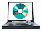 Isolated black laptop with a spanner over it and a digital disc on the screen.