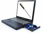 Isolated black laptop with a DVD in tray and an isolated screwdriver on the screen.