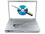 Damaged laptop with a spanner over it and a technical support icon on the screen. Isolated on white.