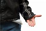 Closeup view of someone showing the little bit of money left in their pocket, isolated against a white background