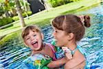 Portrait of nice little girl  having good time in swimming pool