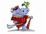 pirate hippo with hook and parrot on shoulder