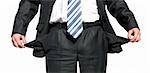 Businessman with empty pockets on white