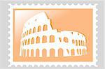 Illustration. Colosseum Amphitheater in Rome - famous Italy landmark. Postage stamp.