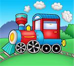 Steam locomotive on rails - color illustration.