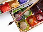 dirty watercolor paints set with brush after using