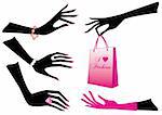 Female hands with jewels and shopping bag, vector