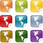 Map of Americas on square sticker. various colors