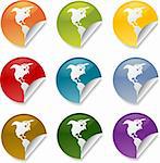 Map of Americas on round sticker. various colors