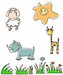 Illustration, funny animals and sun, made in childish style