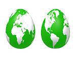 two 3d green eggs with earth texture over white background, isolated