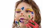 Fanny girl with painted hands and face, isolated on white