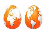 two 3d orange eggs with earth texture over white background, isolated
