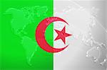 Flag of Algeria, national country symbol illustration with world map, metallic embossed look