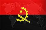 Flag of Angola , national country symbol illustration with world map, metallic embossed look