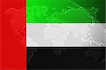 Flag of UAE, national symbol illustration clipart with world map, metallic embossed look