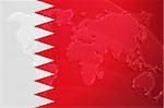 Flag of Bahrain, national country symbol illustration with world map, metallic embossed look