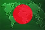 Flag of Bangladesh, national country symbol illustration with world map, metallic embossed look