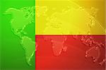 Flag of Benin, national country symbol illustration with world map, metallic embossed look