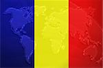 Flag of Chad, national country symbol illustration with world map, metallic embossed look