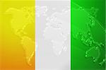 Flag of Ivory Coast, national country symbol illustration with world map, metallic embossed look