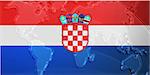 Flag of Croatia, national country symbol illustration with world map, metallic embossed look