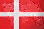 Flag of Denmark, national country symbol illustration with world map, metallic embossed look