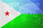 Flag of Djibouti , national country symbol illustration with world map, metallic embossed look