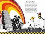 road background with building and rainbow vector