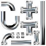 Plumbing pipes - vector set with parts to build your own configurations - stainless steel texture