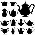 Teapots, coffeepots and fine china cups - vector silhouette set