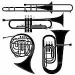 Brass musical instruments set in detailed vector silhouette