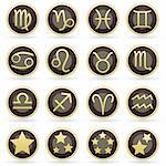 Zodiac astrology brown and gold vector button set