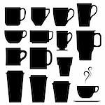 A set of vector silhouettes of coffee and beverage mugs and cups.
