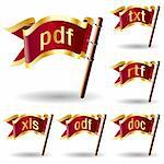 Document or text file extension icons on royal vector flag design elements for web or print