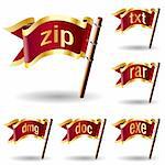 Compression or archive file extension icons on royal vector flag design elements for web or print