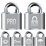 Internet security professional alarm system icon set on stainless steel vector padlock buttons