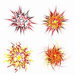 Four brightly coloured star explosions in red yellow and black