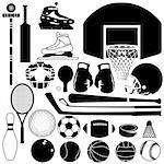 Sports equipment and balls in detailed vector silhouette