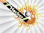 abstract rays background with burnt, grunge hockey stick and ball illustration
