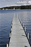 footbridge reaches into a lake with sailing boats in the background